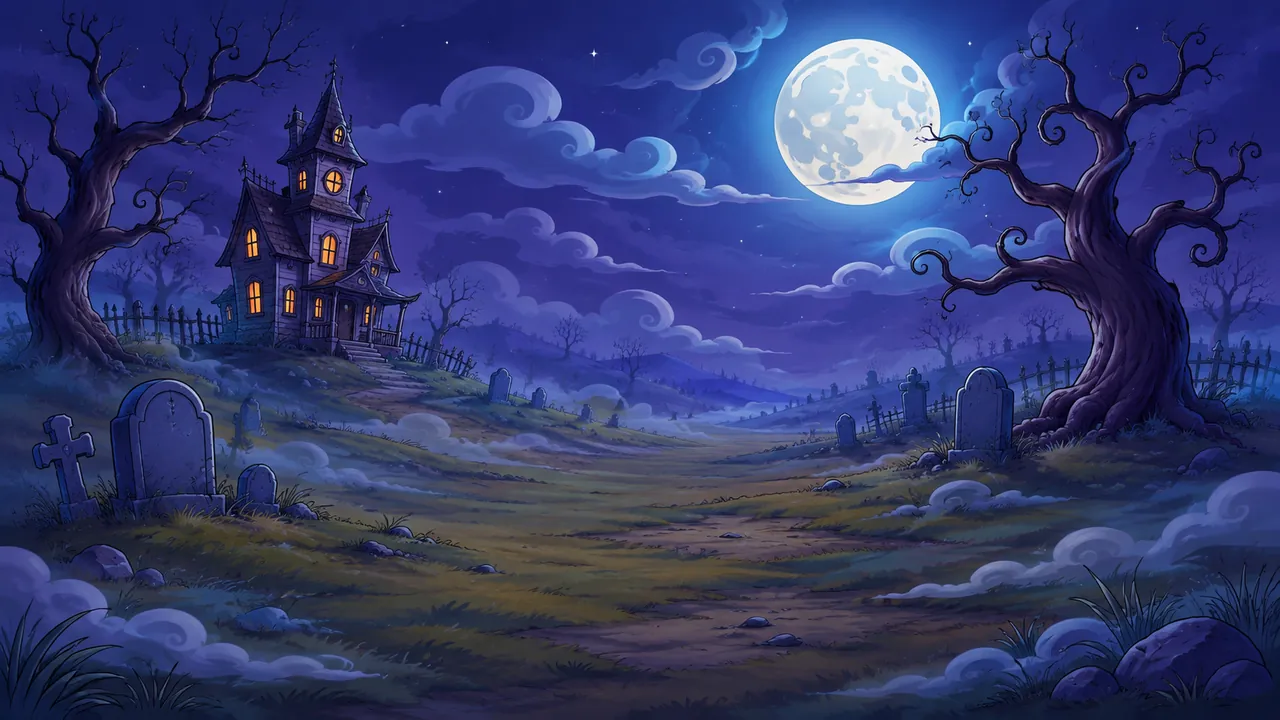 The Haunted Field scene: a full moon over a crooked house on a hill, twisted trees and gravestones.
